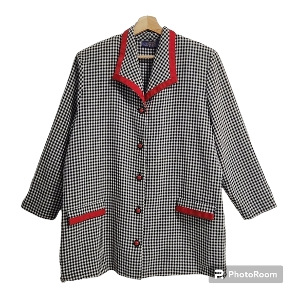T.B.A Sweaters - T.D.A black and white gingham button-down top/blouse with red trim and buttons.